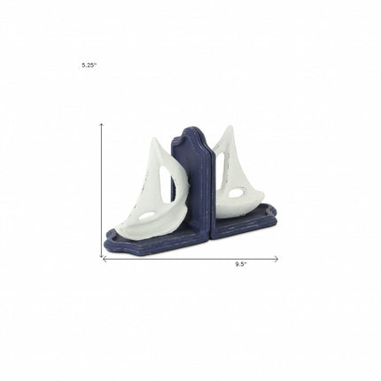 Set of Two 5" Blue And White Cast Iron Sailboat Decorative Bookends HomeRoots