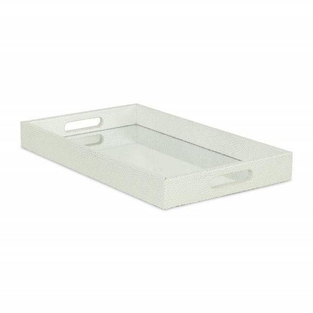 16" White Silver Rectangular Wood Handmade Tray With Handles HomeRoots