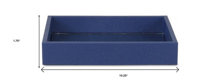 10" Navy Blue Mirrored Glass And Wood Faux Shagreen Vanity Tray