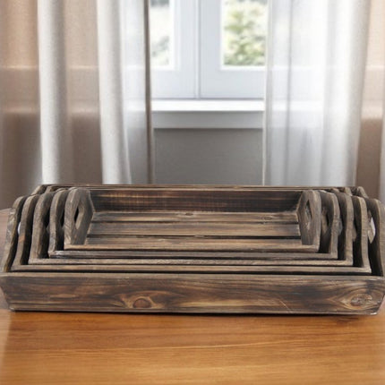 Set Of 5 Rustic Natural Brown Wood Handmade Trays With Handles