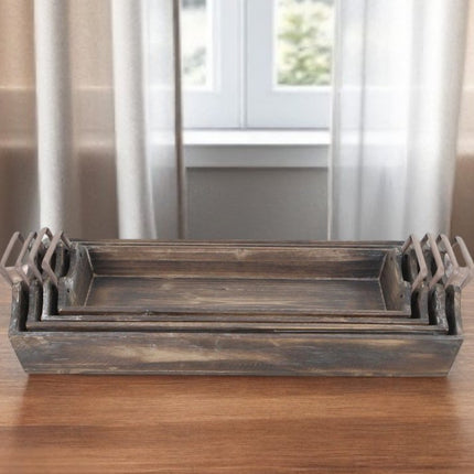 Set of Four Brown Wood Handmade Serving Tray With Handles HomeRoots