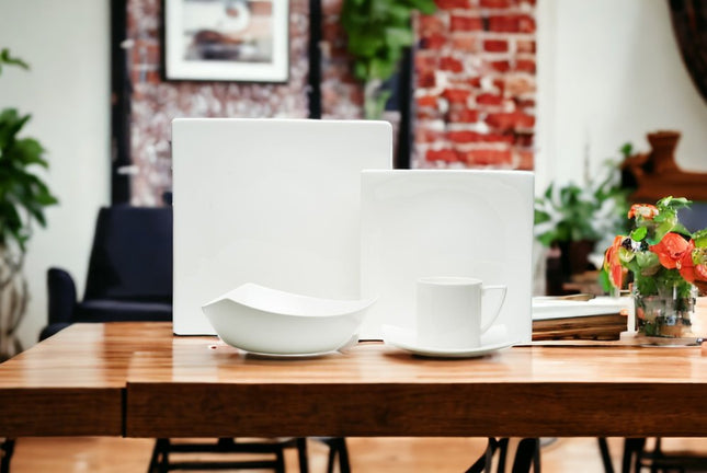 White Five Piece Square Bone China Dinnerware Set HomeRoots