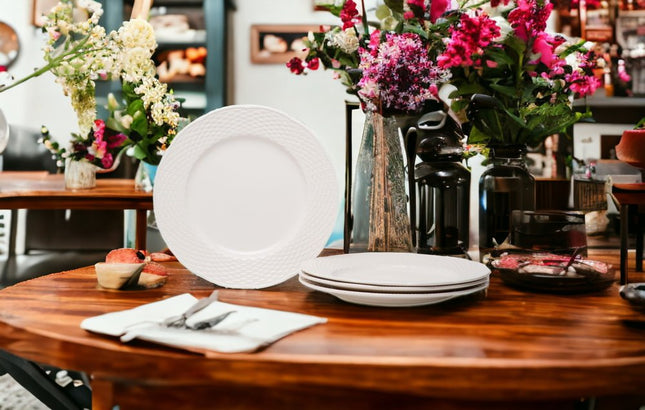 White Four Piece Weave Stoneware Service For Four Dinner Plate Set HomeRoots