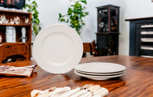 White Four Piece Round Weave Stoneware Service For Four Salad Plate Set HomeRoots