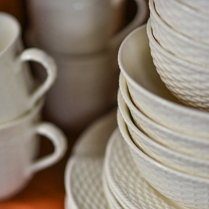 White Four Piece Round Weave Stoneware Service For Four Bowl Set
