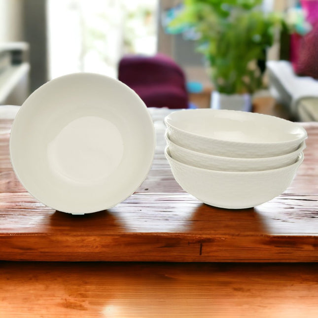 White Four Piece Round Weave Stoneware Service For Four Bowl Set HomeRoots