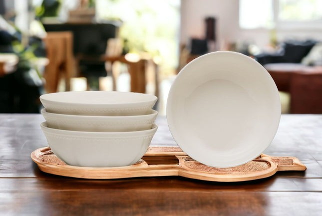 White Four Piece Round Scallop Stoneware Service For Four Bowl Set HomeRoots