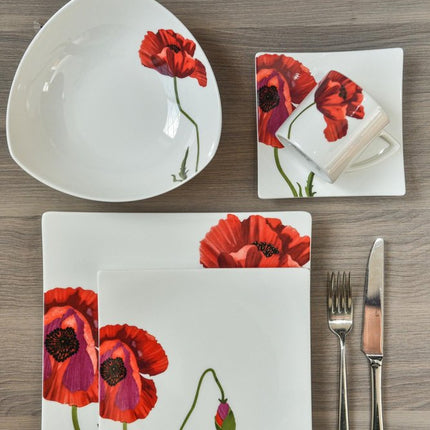 Red and White Six Piece Square Floral Bone China Service For Six Dinner Plate Set