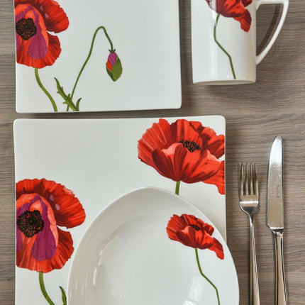 Red and White Six Piece Square Floral Bone China Service For Six Salad Plate Set HomeRoots