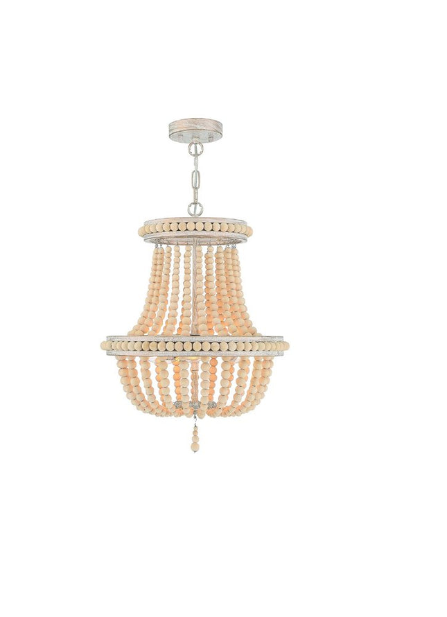 Natural And White Wood Bead Three Light Two Tier Chandelier HomeRoots