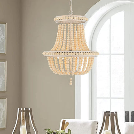 Natural And White Wood Bead Three Light Two Tier Chandelier HomeRoots