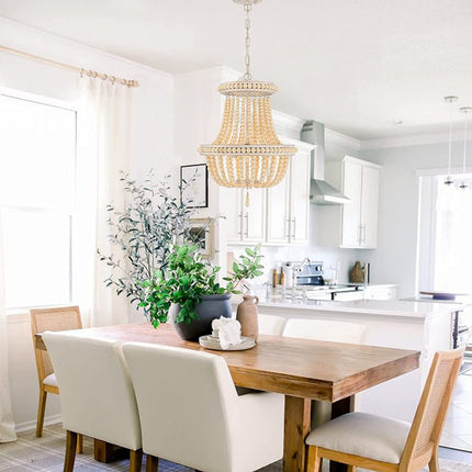 Natural And White Wood Bead Three Light Two Tier Chandelier HomeRoots