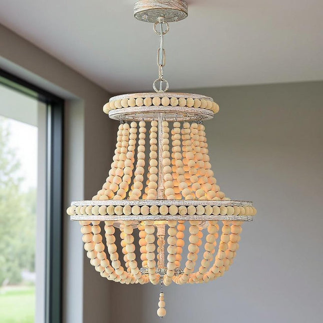 Natural And White Wood Bead Three Light Two Tier Chandelier HomeRoots