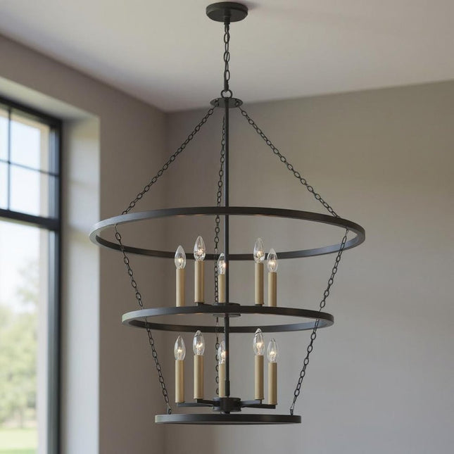 Black And Gold Candle Style Ten Light Metal Dimmable Chandelier HomeRoots