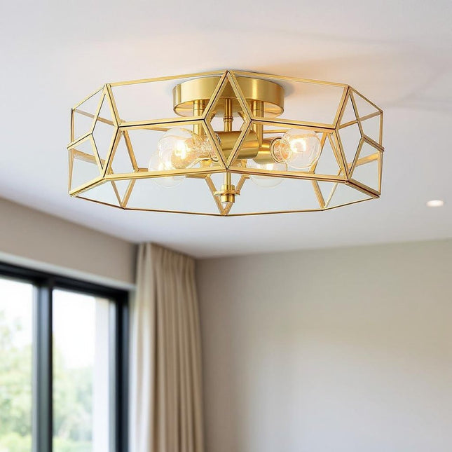 Brass Unique Statement Four Light Metal Dimmable Flush Chandelier With Clear Shades HomeRoots