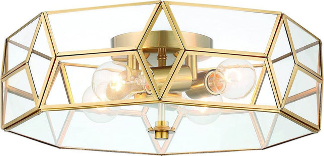Brass Unique Statement Four Light Metal Dimmable Flush Chandelier With Clear Shades HomeRoots