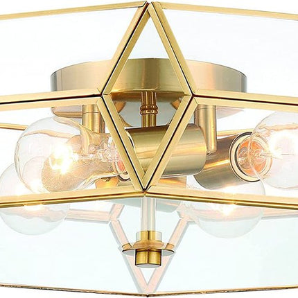 Brass Unique Statement Four Light Metal Dimmable Flush Chandelier With Clear Shades