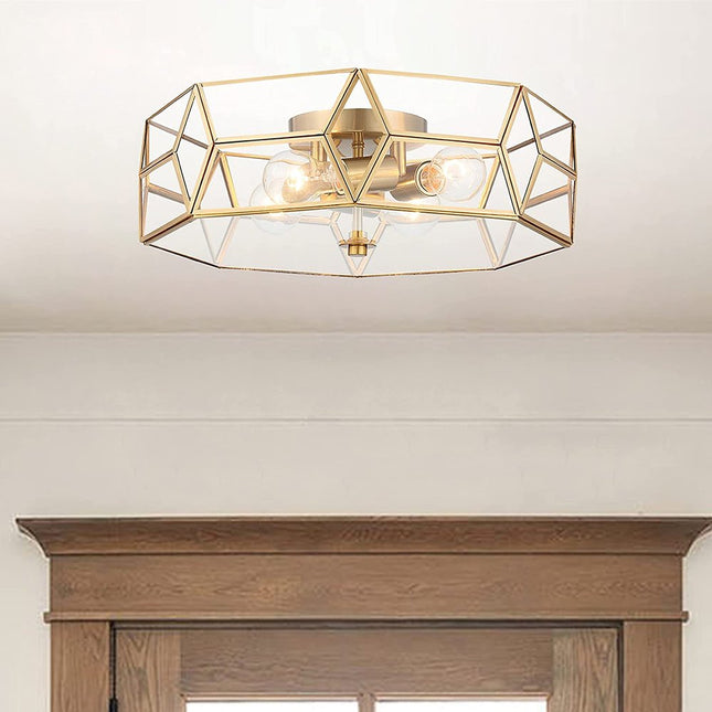 Brass Unique Statement Four Light Metal Dimmable Flush Chandelier With Clear Shades HomeRoots