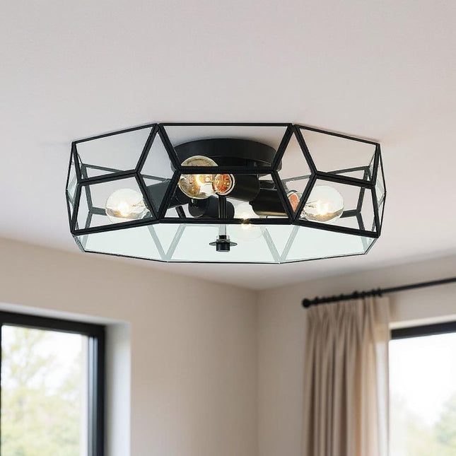 Black Unique Statement Four Light Metal Dimmable Flush Chandelier With Clear Shades HomeRoots