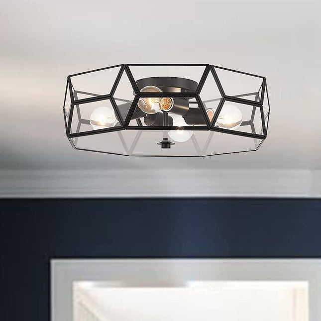 Black Unique Statement Four Light Metal Dimmable Flush Chandelier With Clear Shades HomeRoots