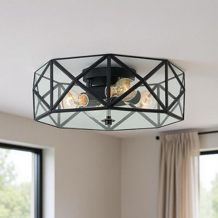 Black Unique Statement Four Light Metal Dimmable Flush Chandelier With Clear Shades HomeRoots