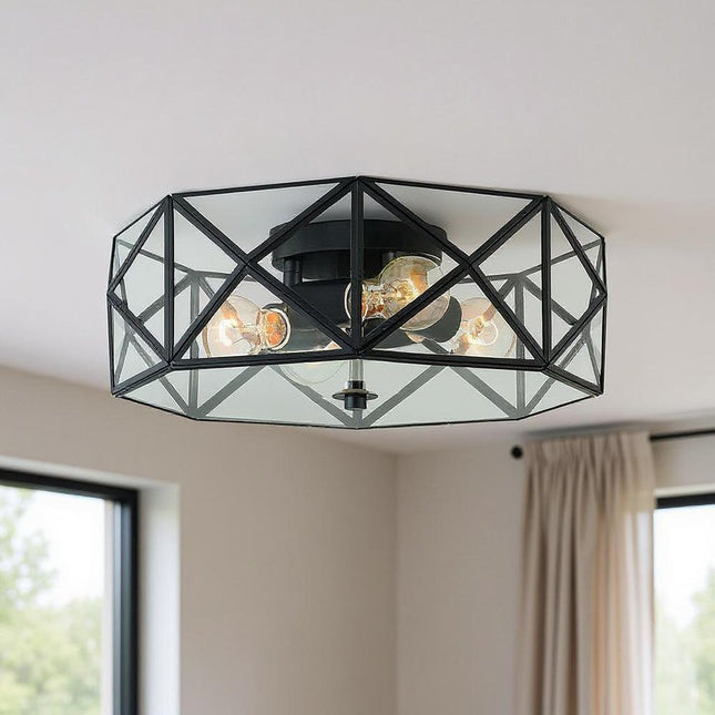 Black Unique Statement Four Light Metal Dimmable Flush Chandelier With Clear Shades HomeRoots