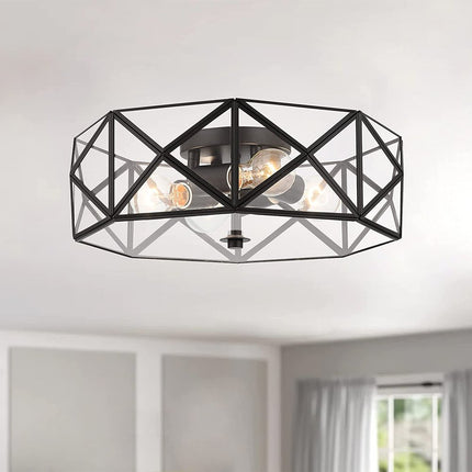 Black Unique Statement Four Light Metal Dimmable Flush Chandelier With Clear Shades