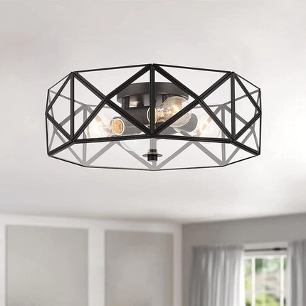 Black Unique Statement Four Light Metal Dimmable Flush Chandelier With Clear Shades HomeRoots