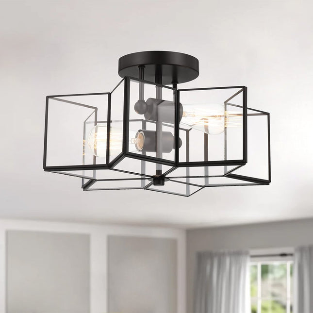 Black Unique Statement Two Light Metal Dimmable Flush Chandelier With Clear Shades HomeRoots