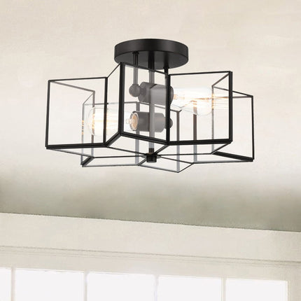Black Unique Statement Two Light Metal Dimmable Flush Chandelier With Clear Shades