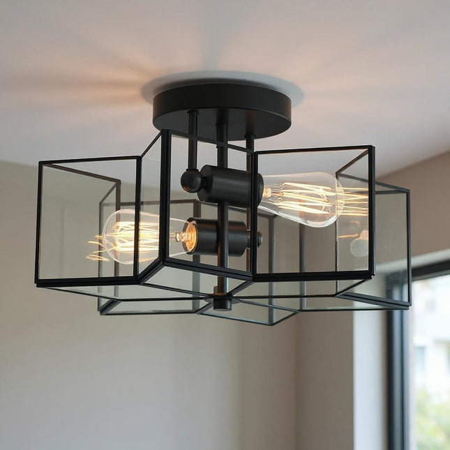 Black Unique Statement Two Light Metal Dimmable Flush Chandelier With Clear Shades HomeRoots