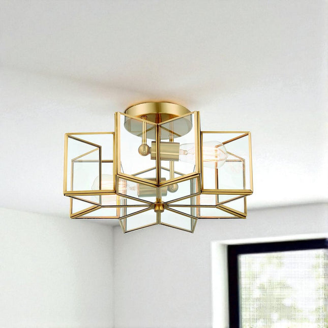 Brass Unique Statement Two Light Metal Dimmable Flush Chandelier With Clear Shades HomeRoots