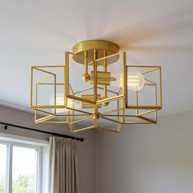Brass Unique Statement Two Light Metal Dimmable Flush Chandelier With Clear Shades HomeRoots