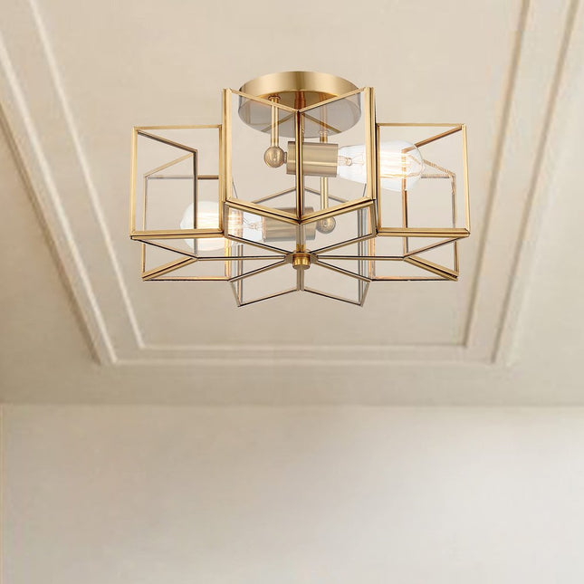 Brass Unique Statement Two Light Metal Dimmable Flush Chandelier With Clear Shades HomeRoots