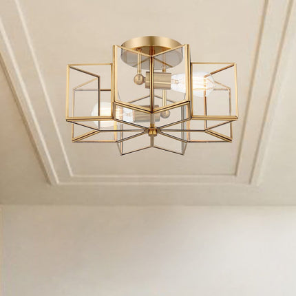 Brass Unique Statement Two Light Metal Dimmable Flush Chandelier With Clear Shades