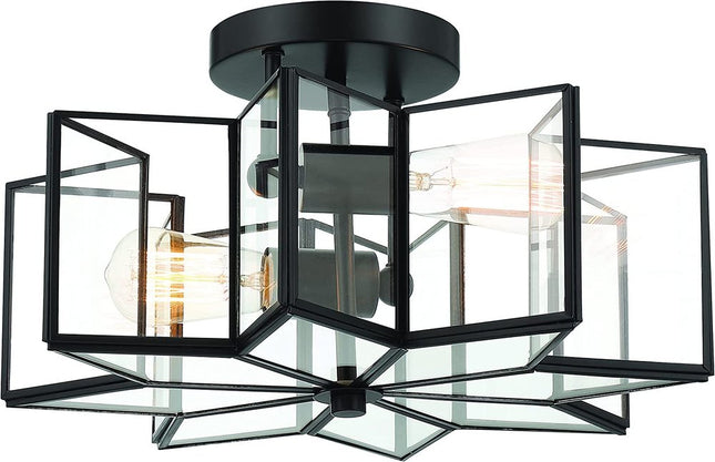 Black Unique Statement Two Light Metal Dimmable Flush Chandelier With Clear Shades HomeRoots