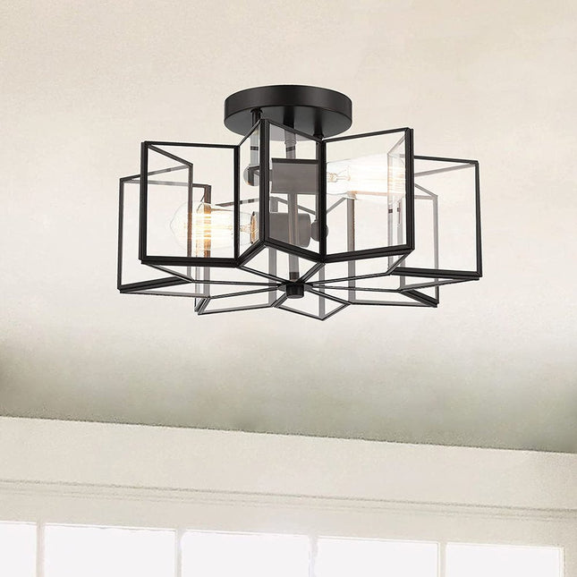Black Unique Statement Two Light Metal Dimmable Flush Chandelier With Clear Shades HomeRoots