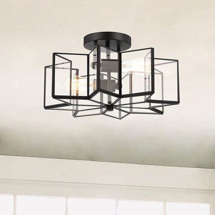 Black Unique Statement Two Light Metal Dimmable Flush Chandelier With Clear Shades