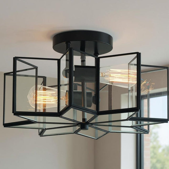 Black Unique Statement Two Light Metal Dimmable Flush Chandelier With Clear Shades HomeRoots