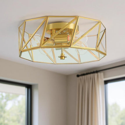Brass Unique Statement Four Light Metal Dimmable Flush Chandelier With Clear Shades HomeRoots