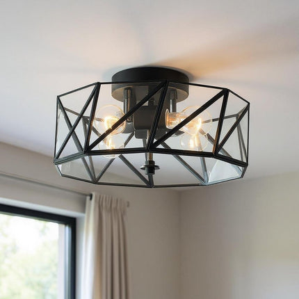 Black Unique Statement Four Light Metal Dimmable Flush Chandelier With Clear Shades HomeRoots