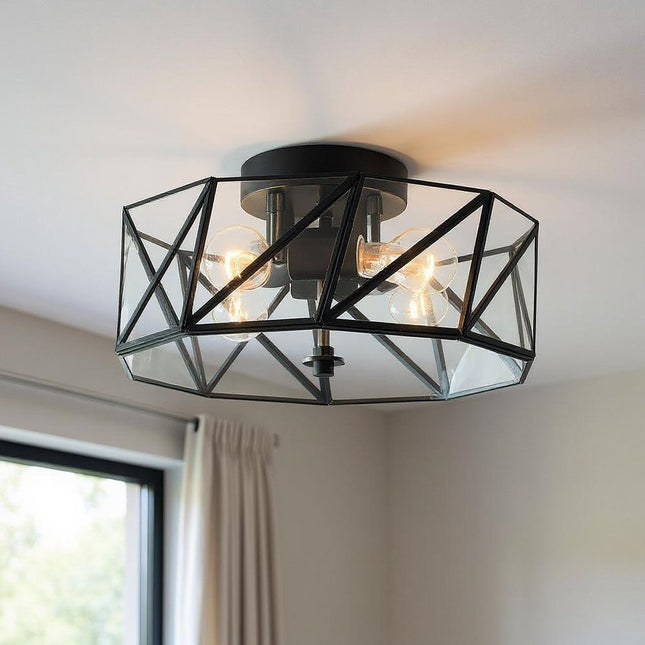 Black Unique Statement Four Light Metal Dimmable Flush Chandelier With Clear Shades HomeRoots