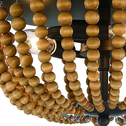 Brown And Black Wood Bead Three Light Flush Mount Ceiling Light HomeRoots