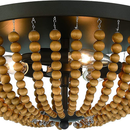Brown And Black Wood Bead Three Light Flush Mount Ceiling Light HomeRoots