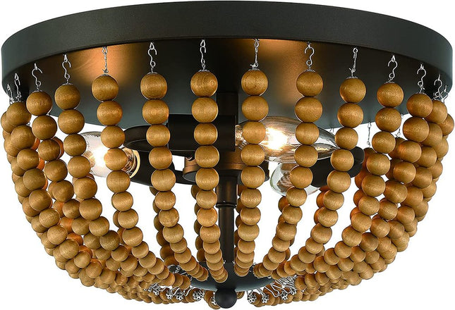 Brown And Black Wood Bead Three Light Flush Mount Ceiling Light HomeRoots
