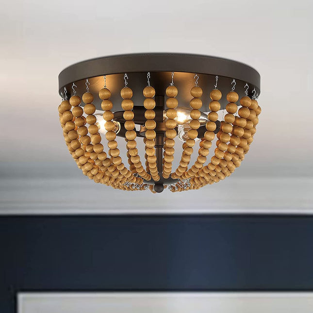 Brown And Black Wood Bead Three Light Flush Mount Ceiling Light HomeRoots