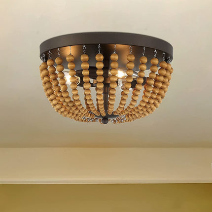 Brown And Black Wood Bead Three Light Flush Mount Ceiling Light HomeRoots
