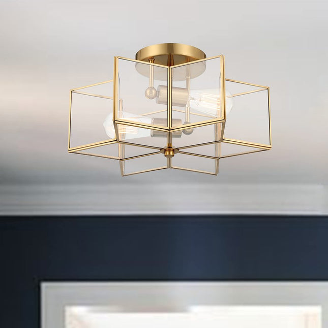 Brass Unique Statement Two Light Metal Dimmable Flush Chandelier