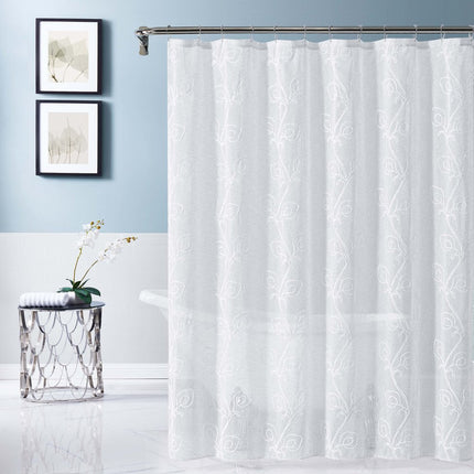 72" White Floral Faux Linen Shower Curtain With Embroidery HomeRoots