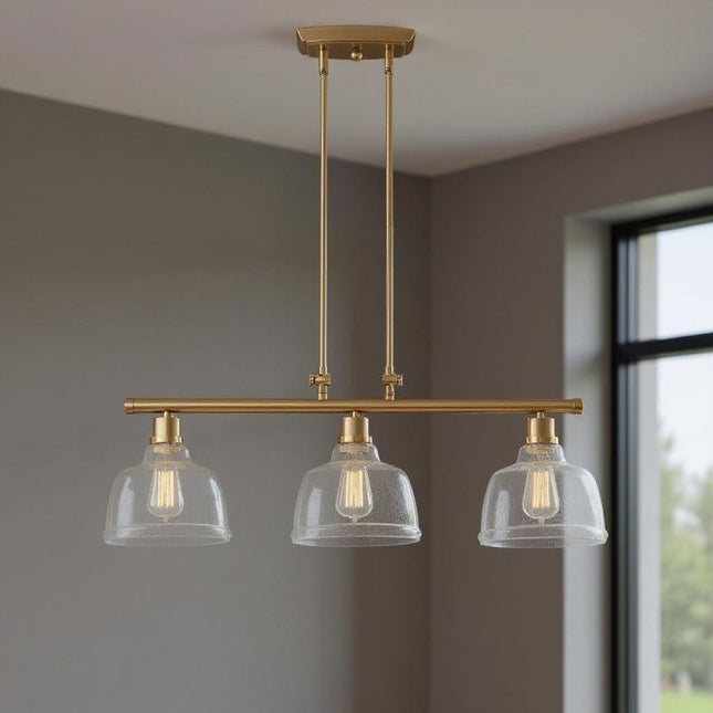 Gold Kitchen Island Three Light Metal and Seeded Glass Dimmable Chandelier With Clear Shades HomeRoots